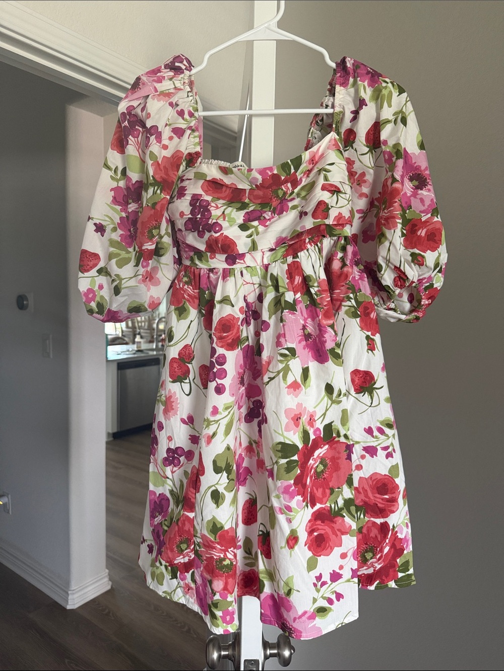 Abercrombie & Fitch Floral Smocked Mini Dress in White, Pink & Red